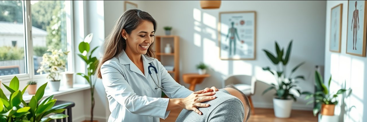 Chiropractor adjusting patient in a modern clinic with natural light.