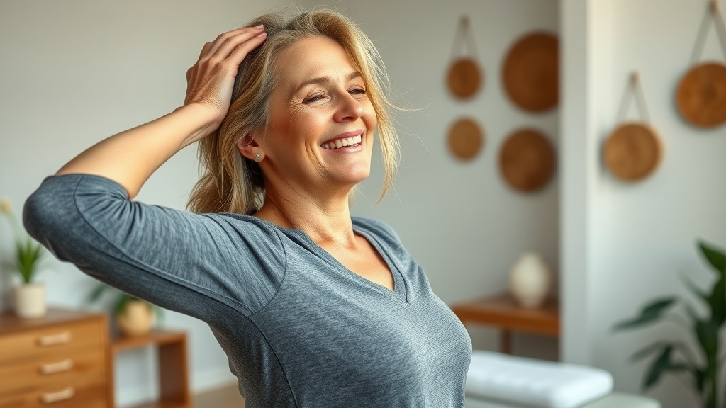 Woman feels energized and pain-free after chiropractic care at a professional clinic.