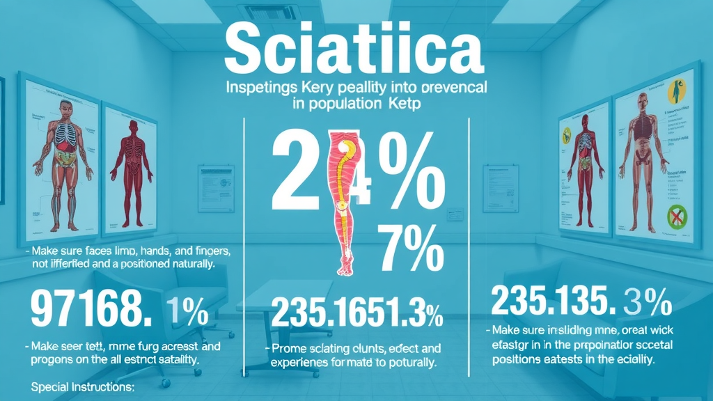 Infographic showing key statistics about sciatica prevalence in the population. Healthcare clinic setting with anatomical posters and infographic elements.