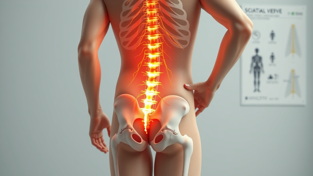 Anatomical illustration highlighting the sciatic nerve path on a human model pointing to the lower back. Spine chart details in clinical background.