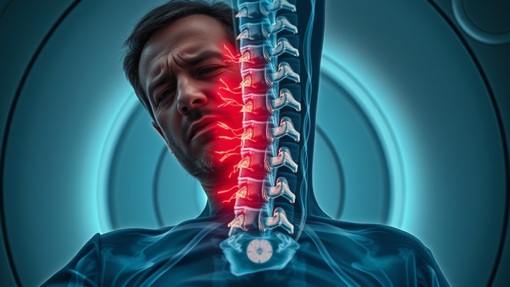 MRI scan cross-section: herniated disc pressing on sciatic nerve. Patient with pained expression in hospital MRI suite. Highly detailed disc and nerve roots.