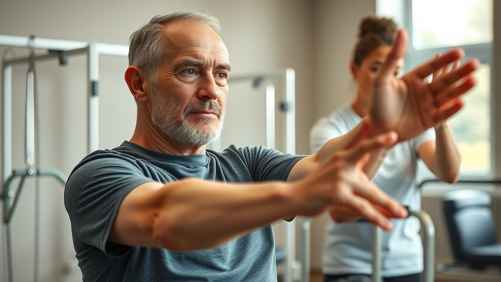 Patient performing supervised physical therapy stretching for sciatica in a rehabilitation center, demonstrating proper technique with therapist guidance.