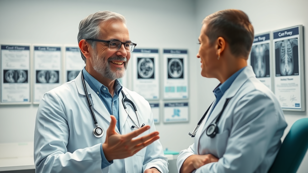 A friendly physician consulting a patient about sciatica in a modern clinic, gesturing toward MRI charts. Clean whites and subtle green color scheme.