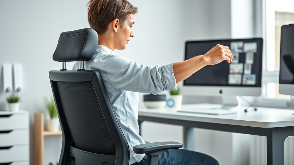 Highly detailed ergonomic home office setup for sciatica prevention. Person demonstrates proper chair adjustments for lumbar support in bright, tidy workspace.
