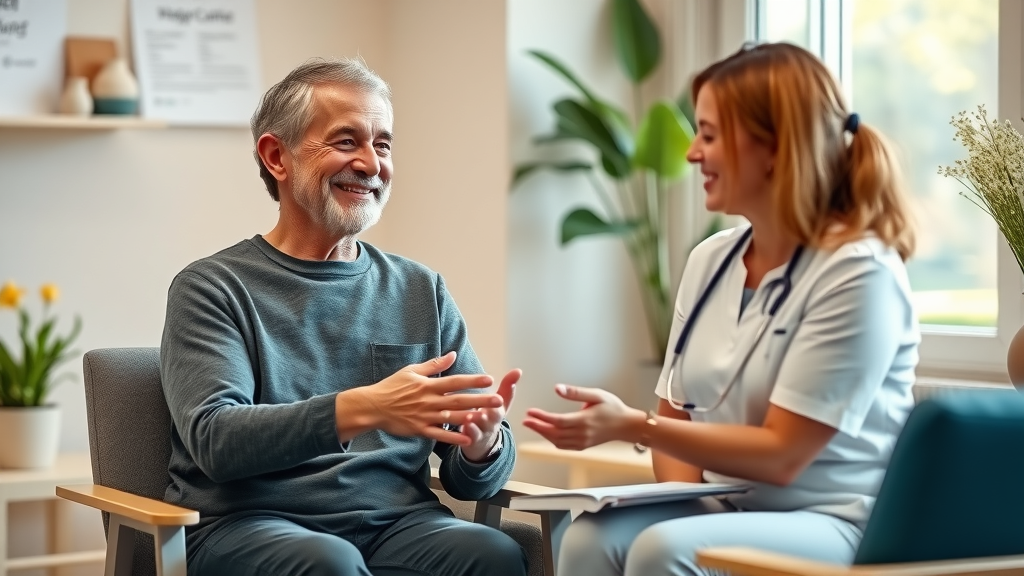 Smiling patient sharing success story after low back pain therapy in Prince George BC, positive outcome