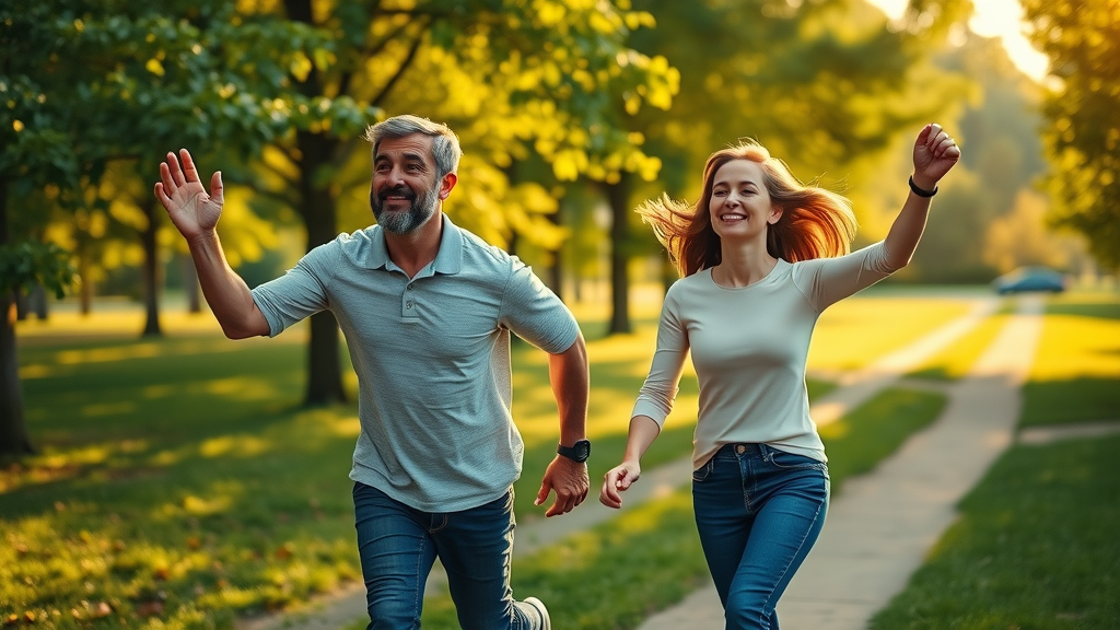 Happy man and woman walking energetically in a sunlit Prince George park after successful physiotherapy for back pain