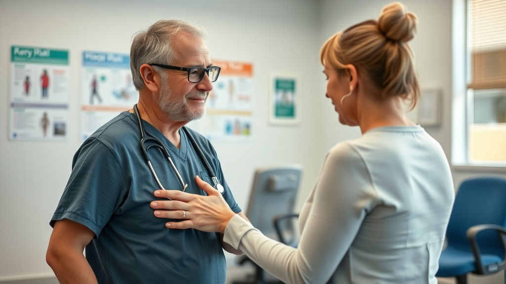 Physiotherapist consulting a patient for causes of low back pain in Prince George in a modern clinic setting, including ergonomic furniture and medical posters, with natural daylight.