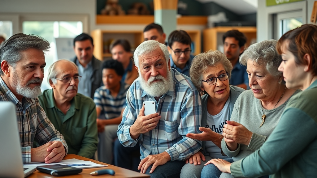 Group of Prince George residents showing different risk factors for low back pain, including office work, manual labor, and genetics discussion, reflecting everyday life in Prince George.