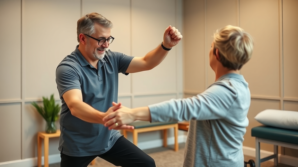 Experienced physical therapist in Prince George guides a client through gentle stretching exercises as part of a pain relief and management strategy for low back pain.