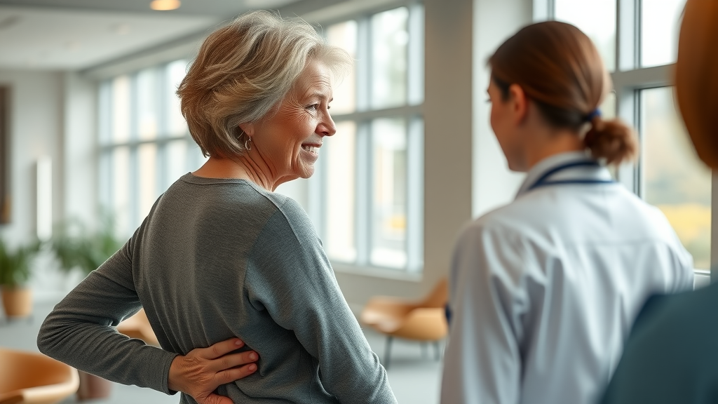 Relieved middle-aged woman discussing back pain relief with a compassionate healthcare professional at a cozy modern clinic lobby in Prince George BC.