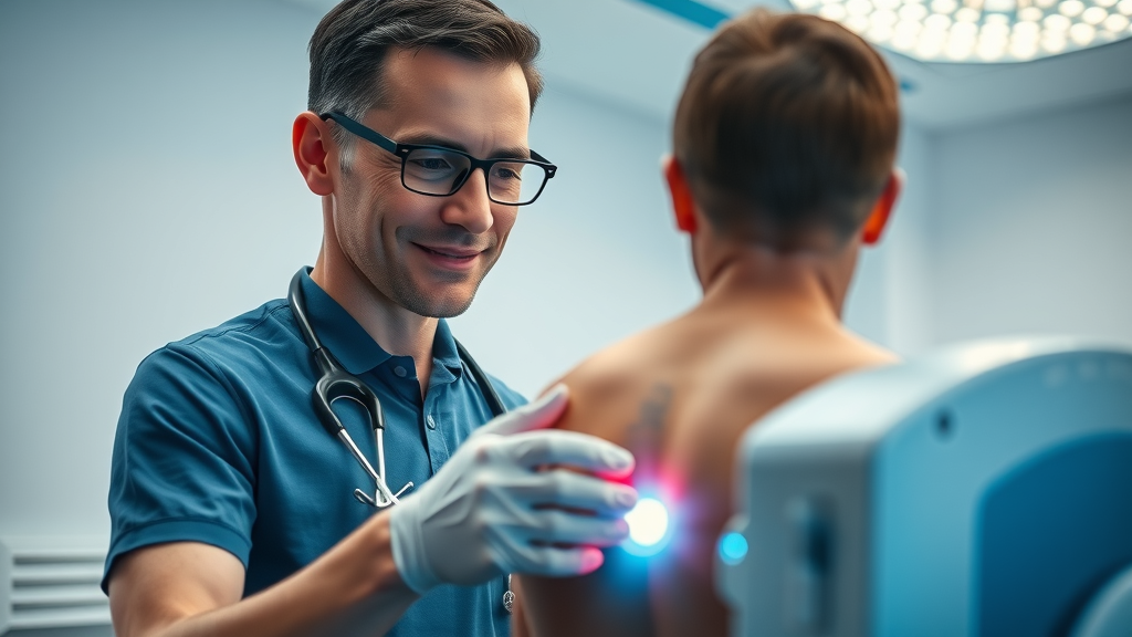 Medical technician performing advanced laser treatment for lower back pain in a modern clinical environment in Prince George BC.