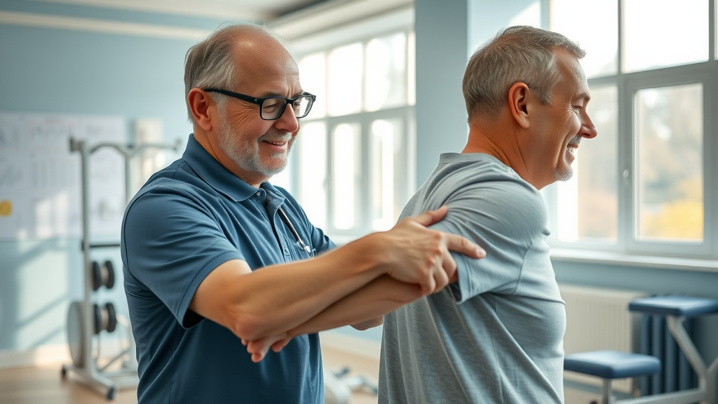 Attentive physiotherapist guiding a senior man through a back stretch in Prince George