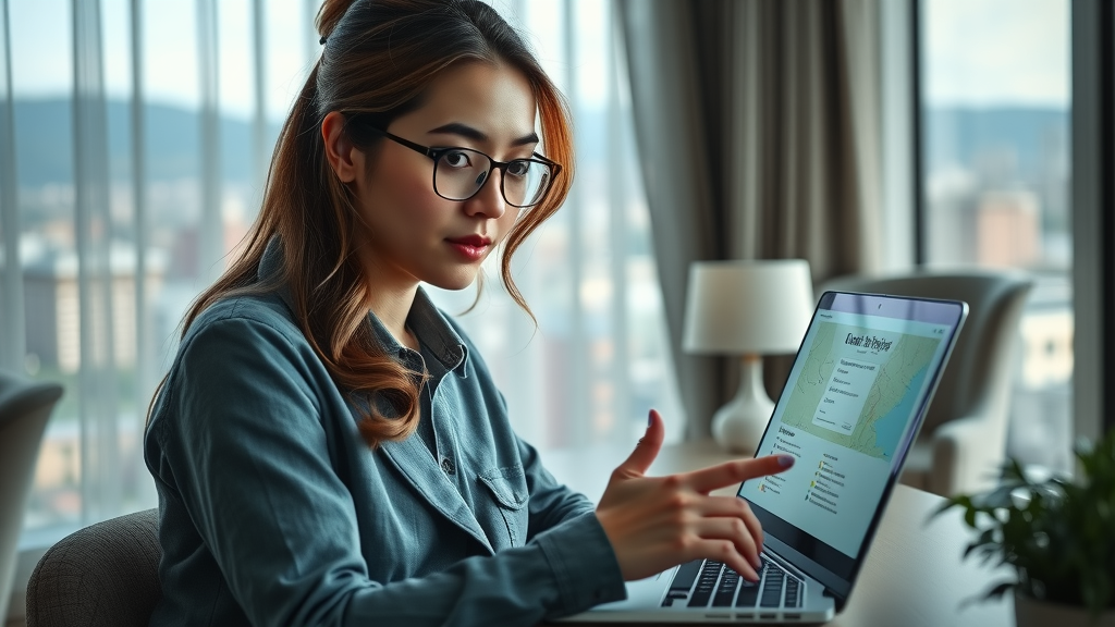Young professional woman researching the best clinics for back pain Prince George BC, reading reviews and viewing maps on her laptop at home.