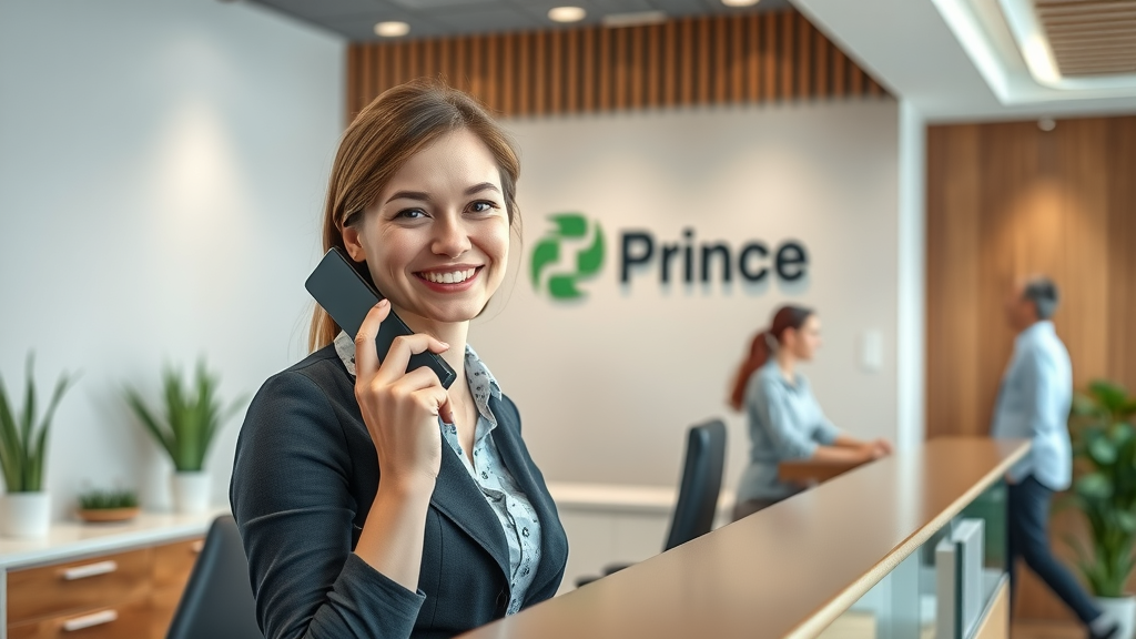 Smiling clinic receptionist answering a phone at a modern front desk in Prince George BC, welcoming new clients.