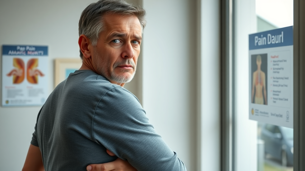 concerned middle-aged Canadian man holding his lower back in a Prince George BC pain management clinic