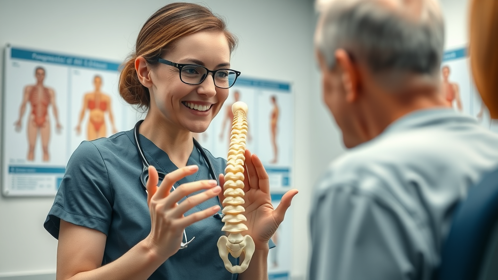 reassuring female pain management specialist explaining treatment options to a patient in Prince George BC using a model spine
