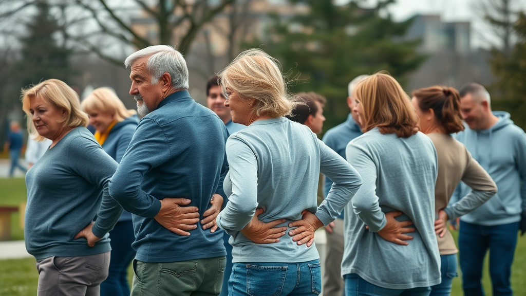 Adults in Prince George with low back pain in a community park setting, highlighting the prevalence of low back pain in Prince George