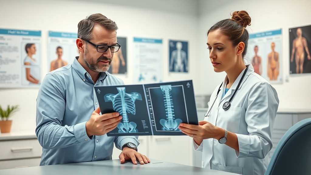 Physiotherapists analyzing spine x-ray and explaining back pain causes in Prince George clinic