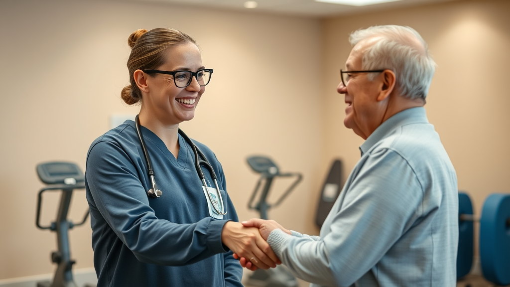 Physical therapist greeting older Prince George patient for a back pain consultation