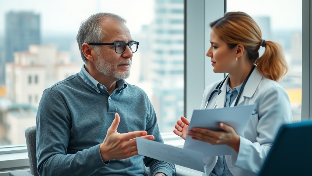 thoughtful middle-aged patient discussing low back pain with a caring healthcare provider in Prince George clinic, cityscape view in background, medical diagrams visible