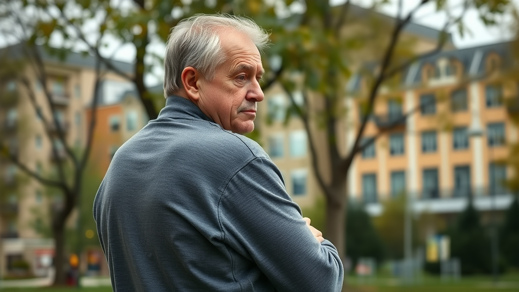 concerned Prince George resident holding lower back in discomfort in Canadian urban park setting, Prince George architecture in background