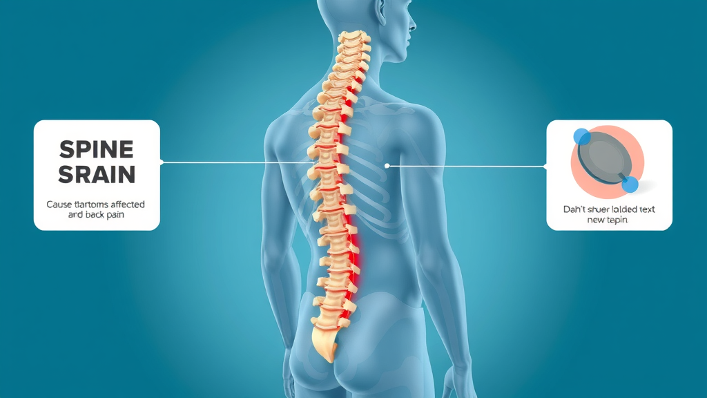 detailed anatomical illustration of a human spine showing common low back pain causes, infographic-style overlays