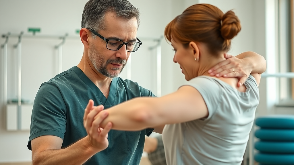 compassionate physiotherapist guiding low back pain patient through exercise in Prince George clinic, therapy equipment visible
