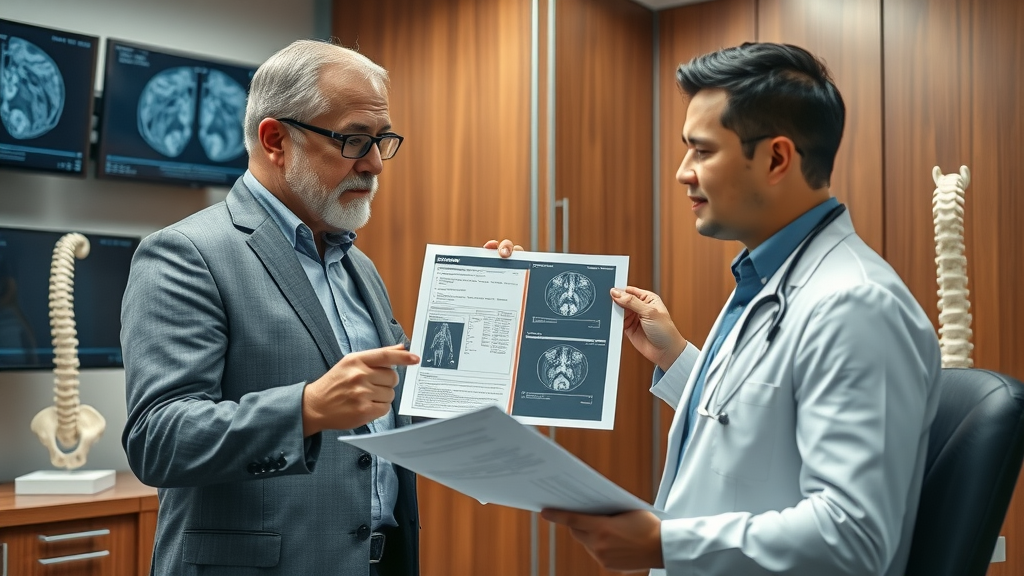 attentive physician explaining MRI scan results for low back pain to patient in Prince George clinic