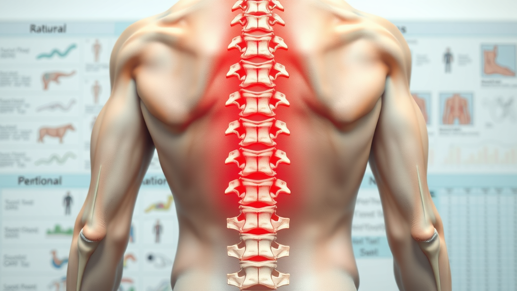 Detailed anatomical illustration of the human spine, visualizing common back pain areas as seen in Prince George BC orthopedic clinics