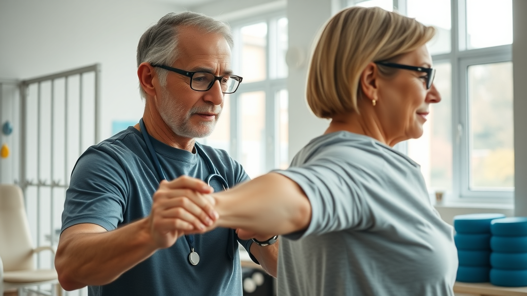Supportive physiotherapy session in Prince George BC, therapist assisting a patient with gentle back exercises for pain relief